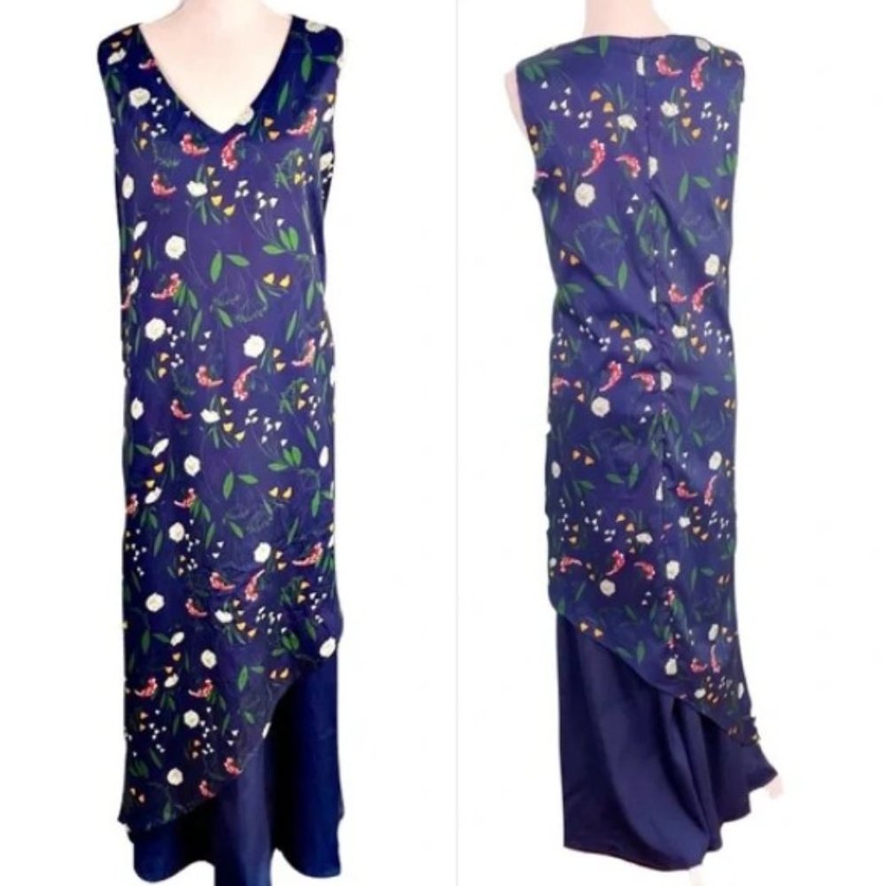 Plus size 2x Vintage Japanese maxi dress blue floral layered  Sleeveless